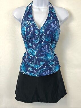 New Tankini Women’s 2 Piece Blue Tropical Swimsuit with Skort / Large